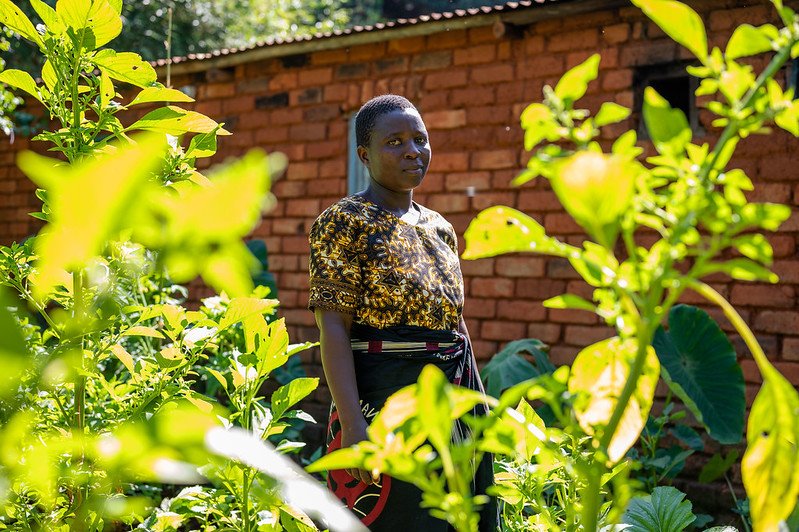 Joyce Benala in her kitchen garden. Before participating in the Healthy Diets for Everyone in Tea programme, Joyce's garden only had two vegetable beds. Now she has expanded these to 12. Mulanje, Malawi. Credit: ETP/Homeline Media